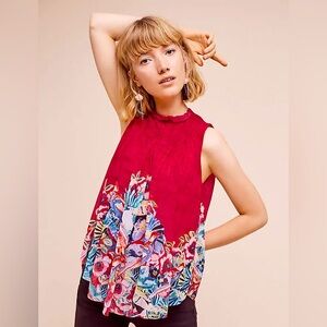 Anthropologie Dominica Deletta red sleeveless swing top tropical floral print